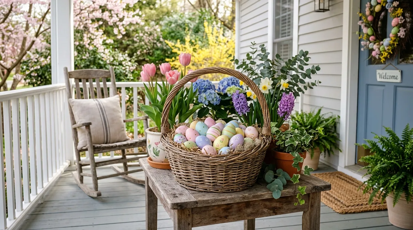 Wicker basket with Easter eggs on a porch